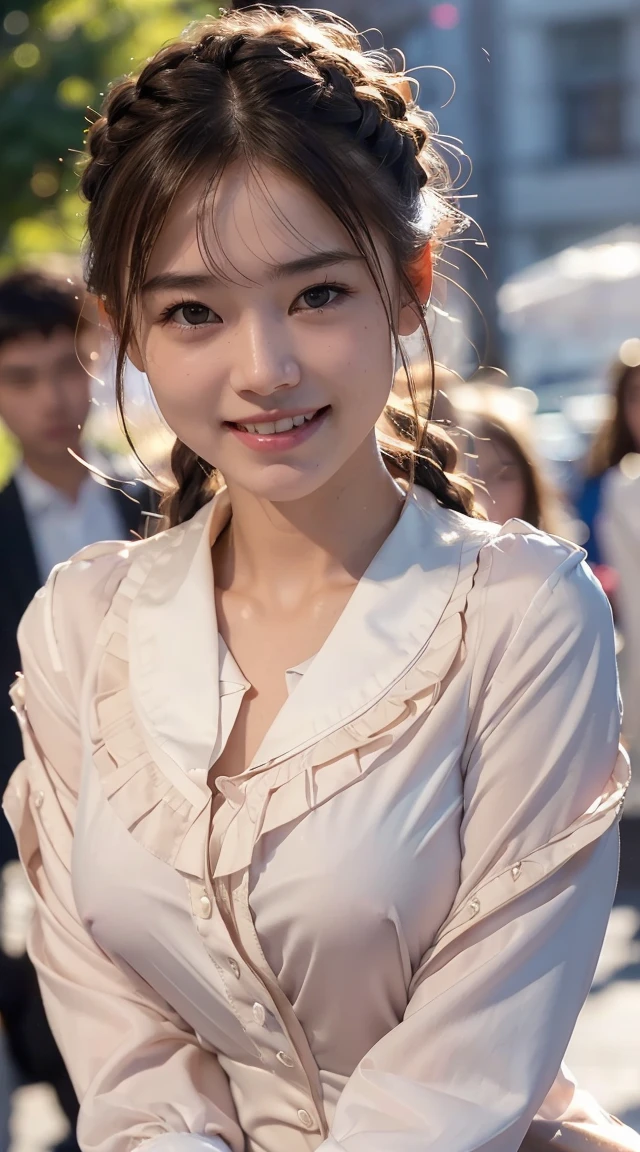 Highest quality, Realistic, 1peopleの女の子, woman,(Skin Dentition),((( nude))),Mid-chest, (bright), (Professional Lighting, Bokeh), (street), people々, crowd, Braided bangs, (blouse:1.5), (I wore:0.8), nice, bloom, Floating Hair, (Dynamic pose:0.6) , Soft lighting, ,((( She is being made to cum)))