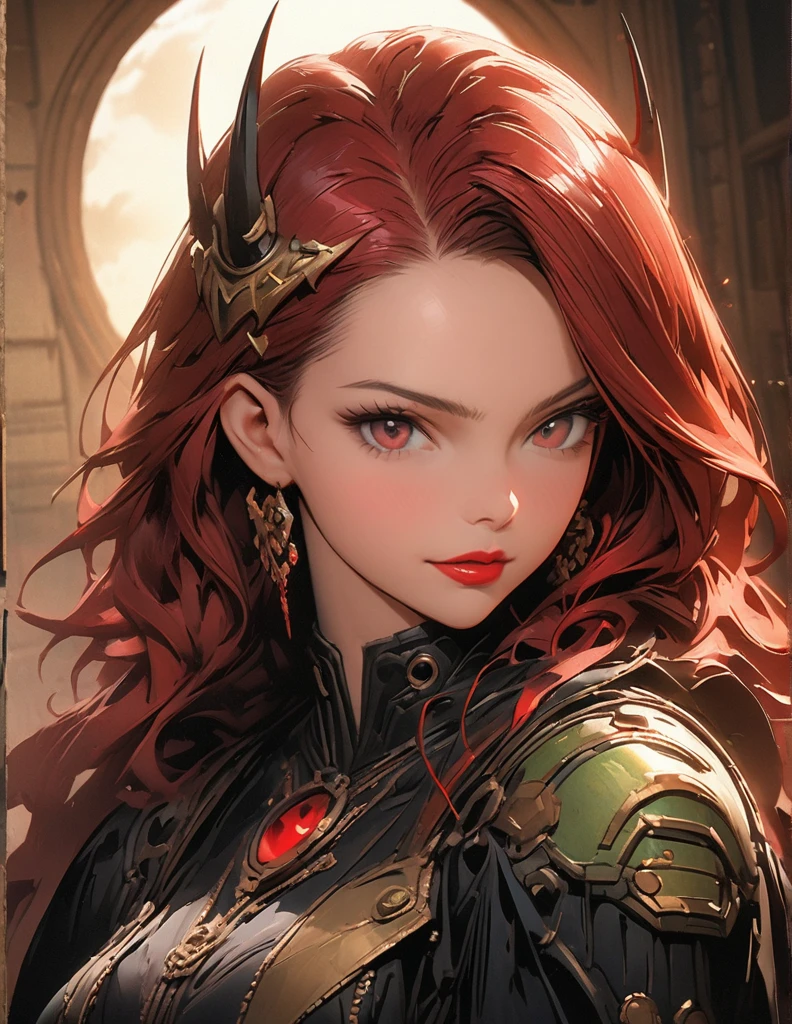 quality(8k wallpaper of extremely detailed CG unit, masterpiece, hight resolution, top-quality, top-quality ,hyper realisitic, digitial painting,increase the resolution,RAW photos,best qualtiy,highly detailed,the wallpaper),BREAK,8K, anime styling, natta, frontal alien adult woman, Countess, she has an evil appearance, red lips, tooth like vampires, long redhead hair, Eyes red, technology room, window and moon