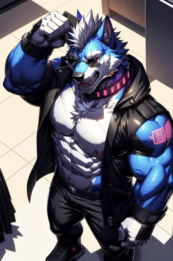 solo, anthro, furry, furry male, wolf, ((fluffy fur, fluffy, furry body)), (wolf print), red eyes, hair tuft, long hair, (light blue body, blue body, muscles), wolf tail, ((white hair, mohawk hair)), (white muzzle, white forearms), Camera Recording POV, Camera POV, security footage pov, phone in hand, detailed fluffy fur, detailed face, detailed eyes, puffy arctic coat, black coat, black coat cropped, puffy coat, winter coat, cropped coat, sunglasses, aviator sunglasses, black trousers, gold earring, tight clothes, white shoes, black aviator sunglasses, smaller arms (full body, round ass, fluffy ass, Red LED glowing collar), cyberpunk, valorant,(by DRKS, by raccoon21, by Sollyz, by null-ghost, masterpiece, high quality,hi res,8k hd), close-view portrait, looking at viewer, indoors, changing room, clothing store, cute face, open mouth, teeth, detailed teeth, grinning expression, camera view angled from above, heavy shadows, athletic build, full body,