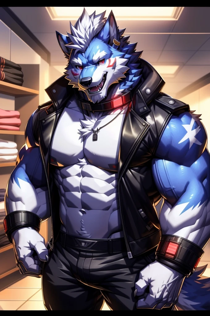 solo, anthro, furry, furry male, wolf, ((fluffy fur, fluffy, furry body)), (wolf print), red eyes, hair tuft, long hair, (light blue body, blue body, muscles), wolf tail, ((white hair, mohawk hair)), (white muzzle, white forearms), Camera Recording POV, Camera POV, security footage pov, phone in hand, detailed fluffy fur, detailed face, detailed eyes, puffy arctic coat, black coat, black coat cropped, puffy coat, winter coat, cropped coat, sunglasses, aviator sunglasses, black trousers, gold earring, tight clothes, white shoes, black aviator sunglasses, smaller arms (full body, round ass, fluffy ass, Red LED glowing collar), cyberpunk, valorant,(by DRKS, by raccoon21, by Sollyz, by null-ghost, masterpiece, high quality,hi res,8k hd), close-view portrait, looking at viewer, indoors, changing room, clothing store, cute face, open mouth, teeth, detailed teeth, grinning expression, camera view angled from above, heavy shadows, athletic build, full body,
