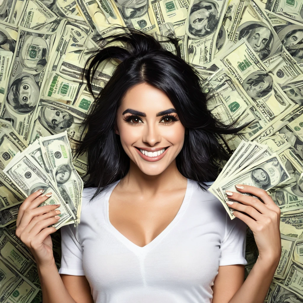 
bearded woman beautiful shaggy beard, black hair, brown eyes, eyeliner, proud smile, seductive look, hold a load of dollar bills