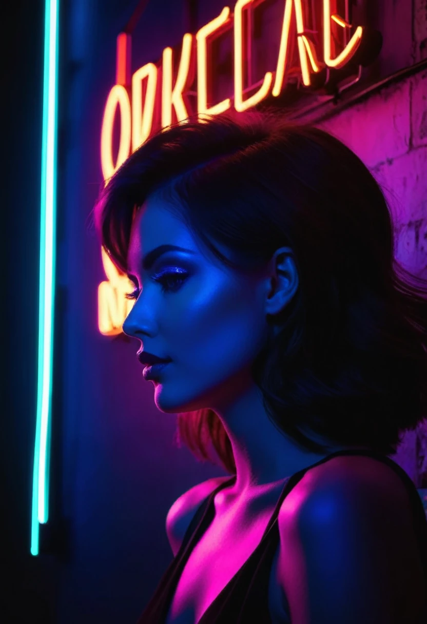 Side face silhouette，Shadow of beautiful woman under neon sign,Huge neon signboard，(Neon sign with text:1.5)
