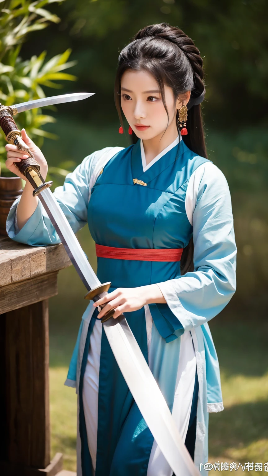 Chinese period drama、Swordswoman girl holding a sword、Real Video、Long Angle