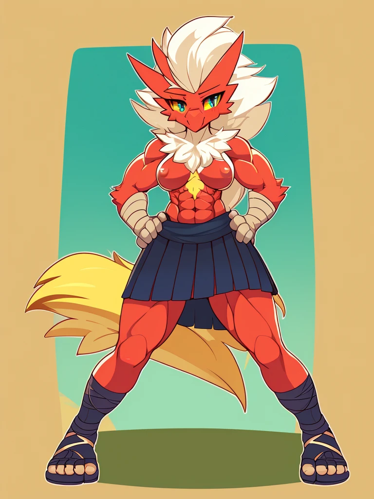 [blaziken], (mayosplash), (wamudraws)], ((masterpiece)), ((HD)), ((solo portrait)), ((front view)), ((furry; anthro)), ((detailed shading)), ((beautiful render art)), ((intricate details)), {anthro; red feathers, red beak, (yellow talon feet), (long white hair), cute teal eyes, (yellow sclera), (half-closed eyes), (medium ), (defined muscles), (beautiful feet), cute, shy, wearing full body plate armor, gladiator skirt, gladiator sandals, humanoid feet, holding a spear, nosebleed,bloody nose