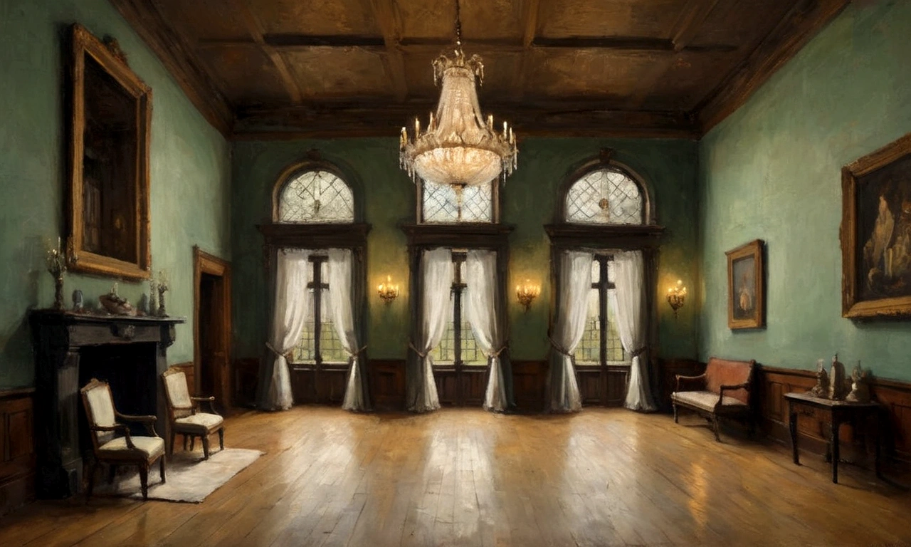 painting of a room with a chandelier and a chandelier in the middle, in a large hall, painting of a room, inspired by Leonaert Bramer, by Genevieve Springston Lynch, inspired by Sydney Prior Hall, inspired by Rick Amor, large hall, inspired by George Benjamin Luks, empty room, by Thomas Dalziel, inspired by Wilhelm Hammershøi