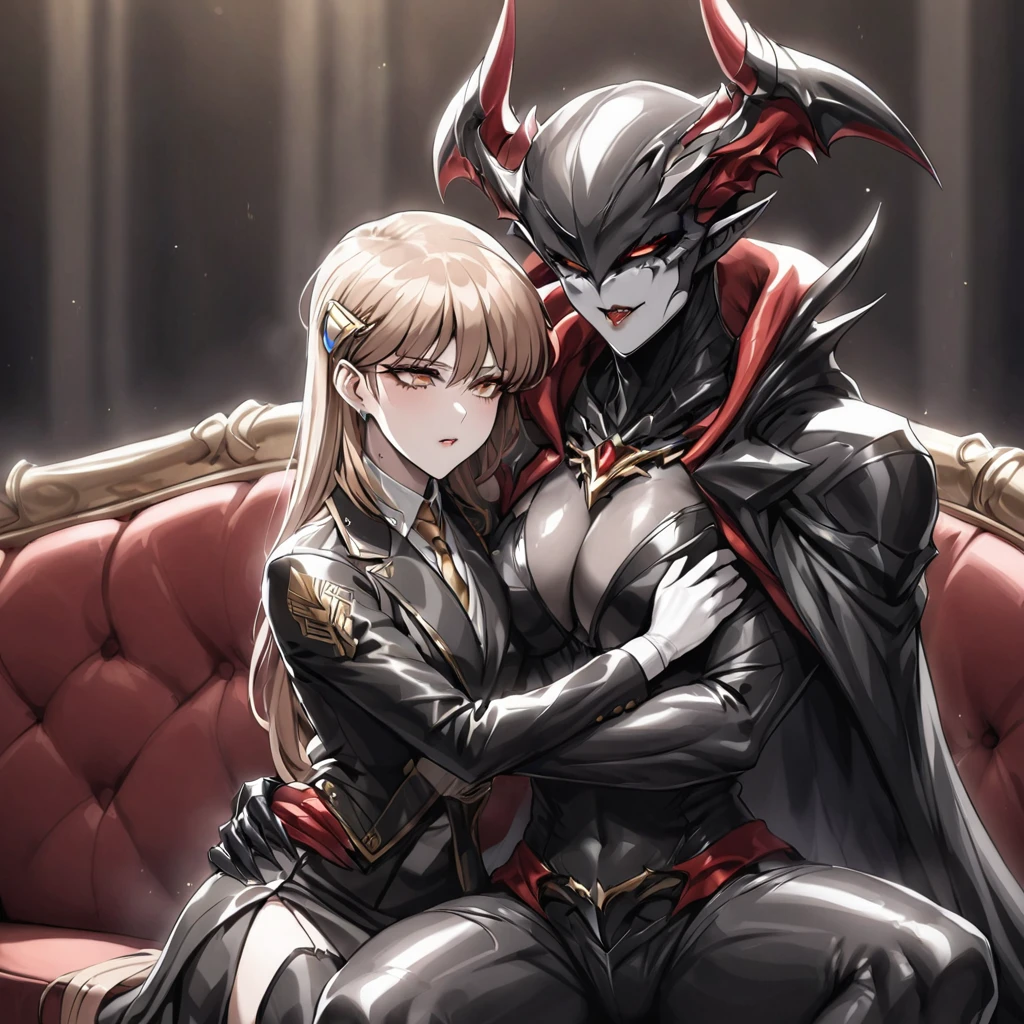 ((Highest quality)), ((masterpiece)), (detailed), (Perfect Face)、The woman is Princess Leona, with medium-long light brown hair, wearing a shiny, flashy, sexy, revealing black dress bodysuit, an open-front skirt, a cape, a headgear, lipstick, and makeup. She is an evil female executive and is embracing a dignified man who is the demon lord of an evil organization.、Women are brainwashed, expressionless, and have no highlights in their eyes.、The woman is being held close by a powerful demon lord of an evil organization, who is kissing her.、A powerful demon king of an evil organization is sitting on a luxurious sofa, embracing and kissing a woman and showing her affection.