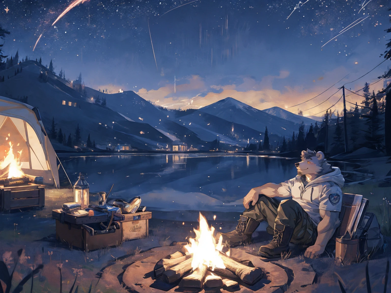 (masterpiece:1.2), best quality,pixiv,official art,perfect anatomy, (Ray tracing, light),solo, (1_male:1.3) , (muscle), (grey fur:1.4), (muscle bear), (beard:1.2), (gleaming golden eyes), bear tail, Thick black eyebrows, open hoodie, (naked inside:1.2), cargo pants, (boots:1.2), (A skyline at lakeland:1.3),twinkling stars, Milky Way, outdoors , camp , camping , campfire, (Star Trails :1.3)