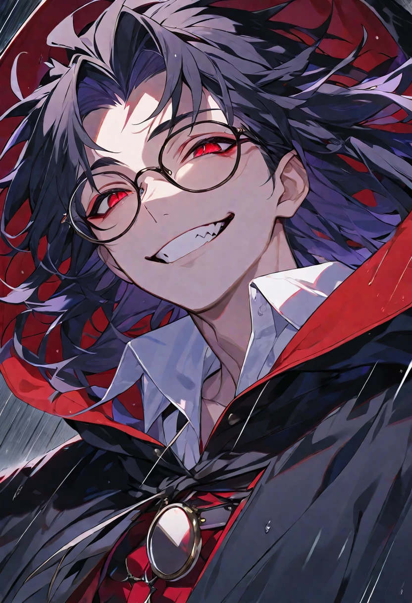 solo, handsome,
1 male, 
long hair,Braided black hair, devil,
red eyes, Gojo Satoru,casual, King, cloak ,black court,cool,smile ,Round Glasses,Put on the hood,rain, vampire,BLOOD,
black background,look up,Face close-up