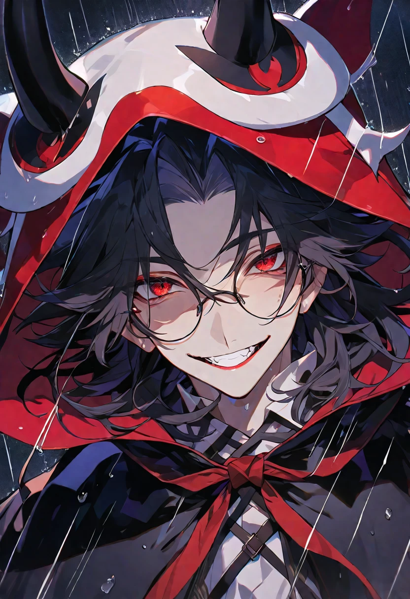 solo, handsome,
1 male, 
long hair,Braided black hair, devil,
red eyes, Gojo Satoru,casual, King, cloak ,black court,cool,smile ,Round Glasses,Put on the hood,rain, vampire,BLOOD,
black background,look up,Face close-up