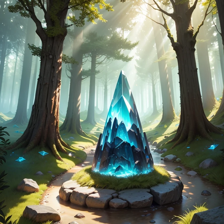 Masterpiece, best quality, high quality, fantasy forest, sunny day, magic amethist crystals in the stones