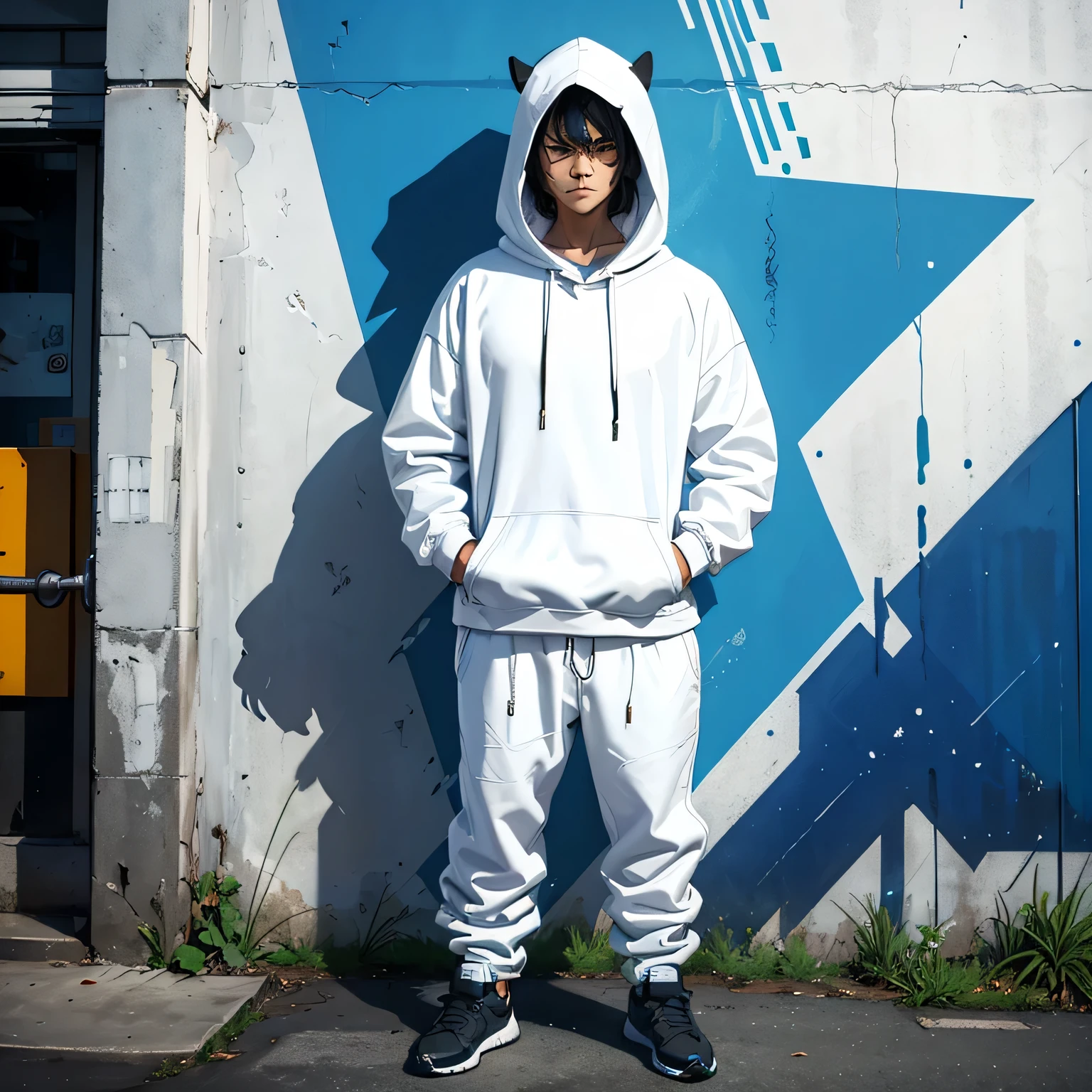 man standing with hands in pockets, graffiti wall in background scene, badass, scowling, he is alone, wearing white hoodie and clean pants