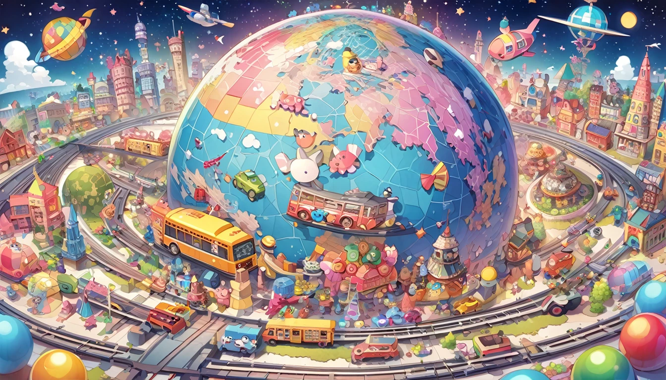 “Create a playful and colorful toy world illustration with a variety of whimsical buildings, assorted cute animal and robot toys, multiple vibrant toy buses traveling on tracks, all centered around a detailed globe under a starry sky.”