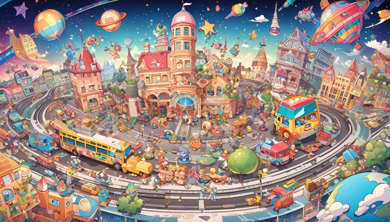 “Create a playful and colorful toy world illustration with a variety of whimsical buildings, assorted cute animal and robot toys, multiple vibrant toy buses traveling on tracks, all centered around a detailed globe under a starry sky.”