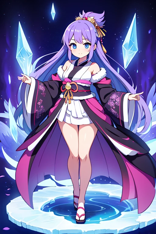 ukihime, the evolved form of Yuki-onette, exudes an even more majestic and regal presence. This Pokémon has matured into a figure of haunting beauty and grace, embodying the essence of winter and the supernatural. Yukihime wears a more elaborate kimono adorned with intricate ice crystal patterns, and its hair flows even longer, resembling a cascading glacier. full body picture , beautiful eyes , Kimono , (ball gown)