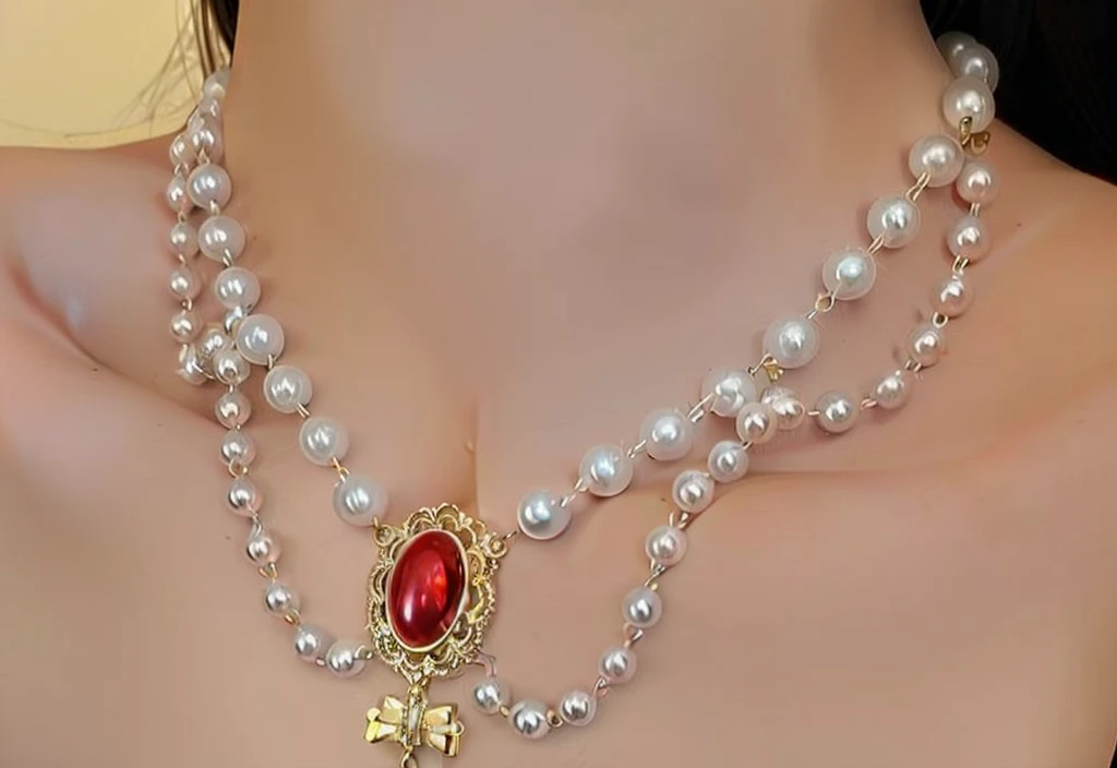 Pearl and red stone necklace, realistic photo, ultra hd, 8k, big juicy doll lips 