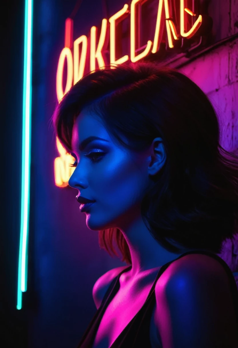 Side face silhouette，Shadow of beautiful woman under neon sign,Huge neon signboard，(Neon sign with text:1.5)
