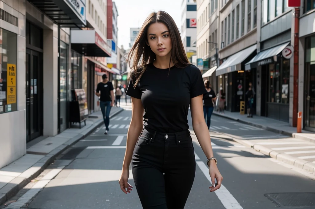 full figure photograph of a serious fitted slim female model, 30 years old, long brown hair, brown eyes, wearing a black t-shirt and black jeans, she is walking in a city street , pointing her index finger toward the camera