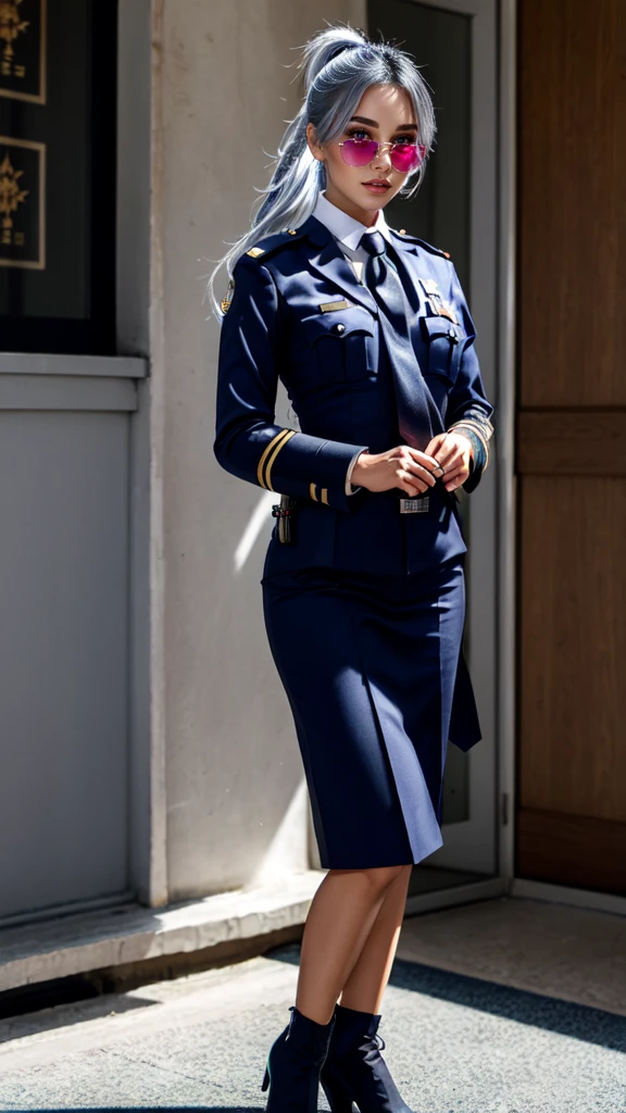 asian women,silver Hair, blue eyes silver Ponytail, blue Officer Military Unfirom, Black necktie, standing