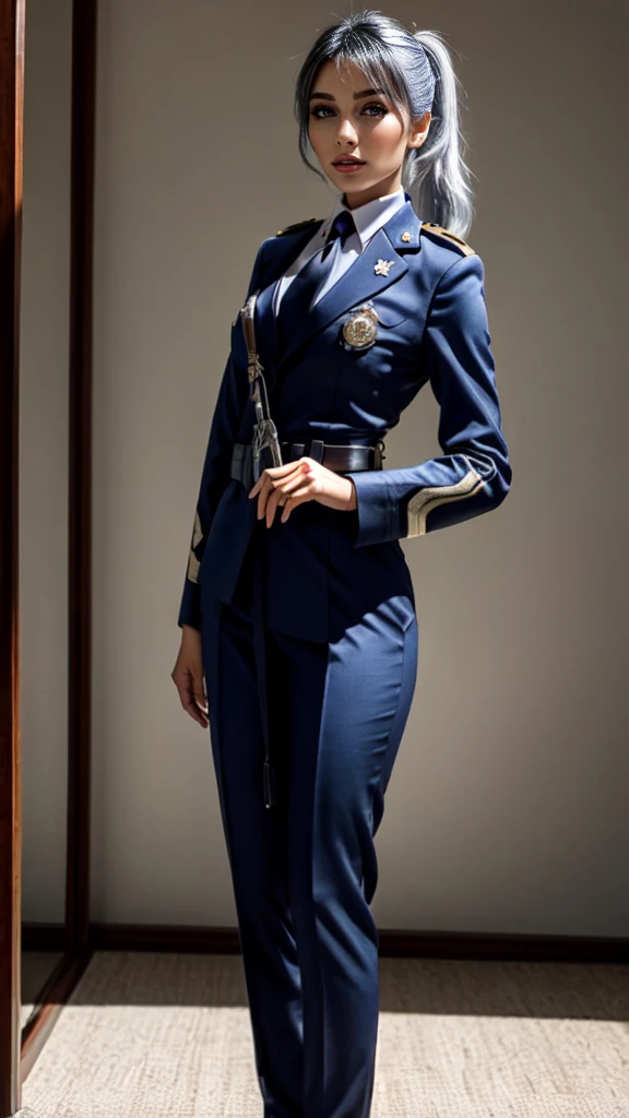 asian women,silver Hair, blue eyes silver Ponytail, blue Officer Military Unfirom, Black necktie, standing