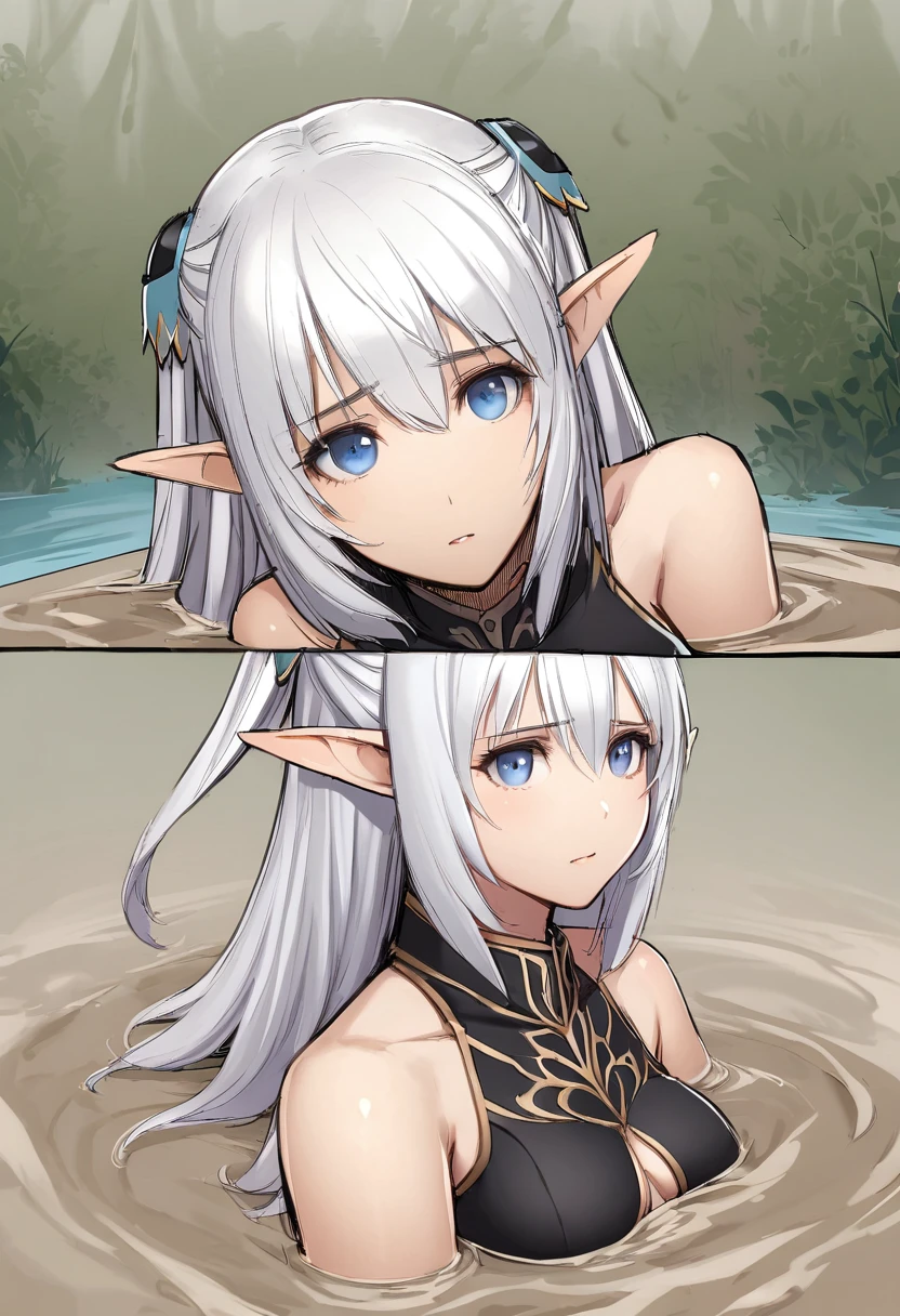 semi-realistic, 1girl, portrait Altina, elf, elven ears, silver hair, blue eyes, hair clips, bare shoulders, black collared capelet, ,sinking, torn clothes ,quicksand, pool of mud, forest with marsh covered by think fog background