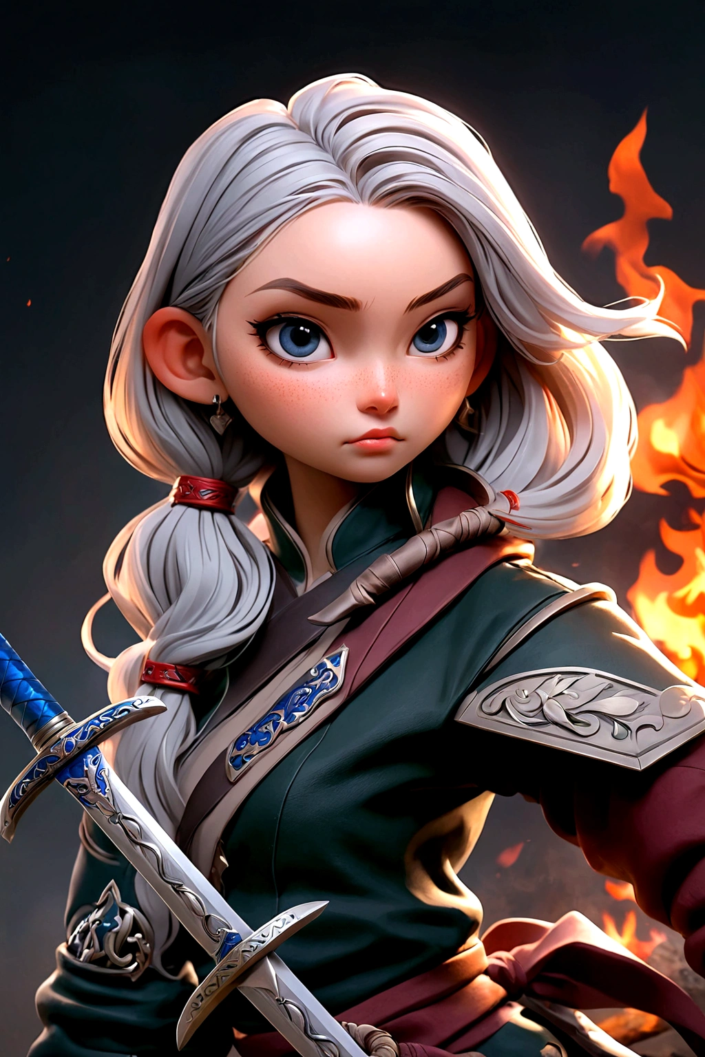 a close up of a woman holding a sword in front of a fire, with large sword, trending on artstation:3, by Yang J, ig model | artgerm, [ trending on cgsociety ]!!, as trending on artstation, she is holding a sword, society, chengwei pan on artstation, trending on artstation hd