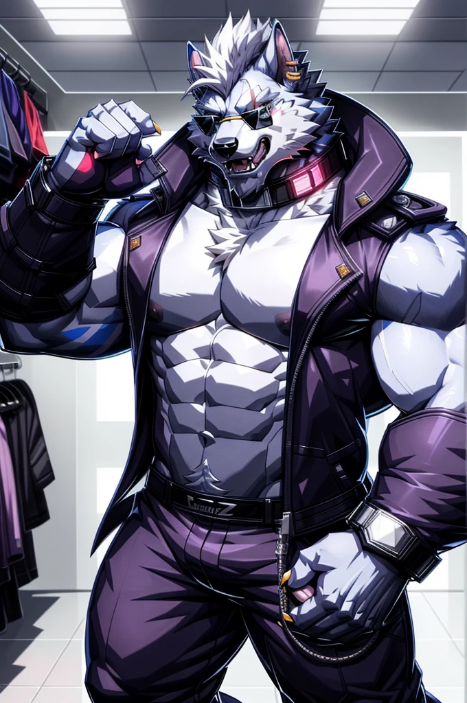 solo, anthro, furry, furry male, wolf, ((fluffy fur, fluffy, furry body)), (wolf print), red eyes, hair tuft, long hair, (light blue body, blue body, muscles), wolf tail, ((white hair, mohawk hair)), (white muzzle, white forearms), Camera Recording POV, Camera POV, security footage pov, phone in hand, detailed fluffy fur, detailed face, detailed eyes, puffy arctic coat, black coat, black coat cropped, puffy coat, winter coat, cropped coat, sunglasses, aviator sunglasses, black trousers, gold earring, tight clothes, white shoes, black aviator sunglasses, smaller arms (full body, round ass, fluffy ass, Red LED glowing collar), cyberpunk, valorant,(by DRKS, by raccoon21, by Sollyz, by null-ghost, masterpiece, high quality,hi res,8k hd), close-view portrait, looking at viewer, indoors, changing room, clothing store, cute face, open mouth, teeth, detailed teeth, grinning expression, camera view angled from above, heavy shadows, athletic build, full body,
