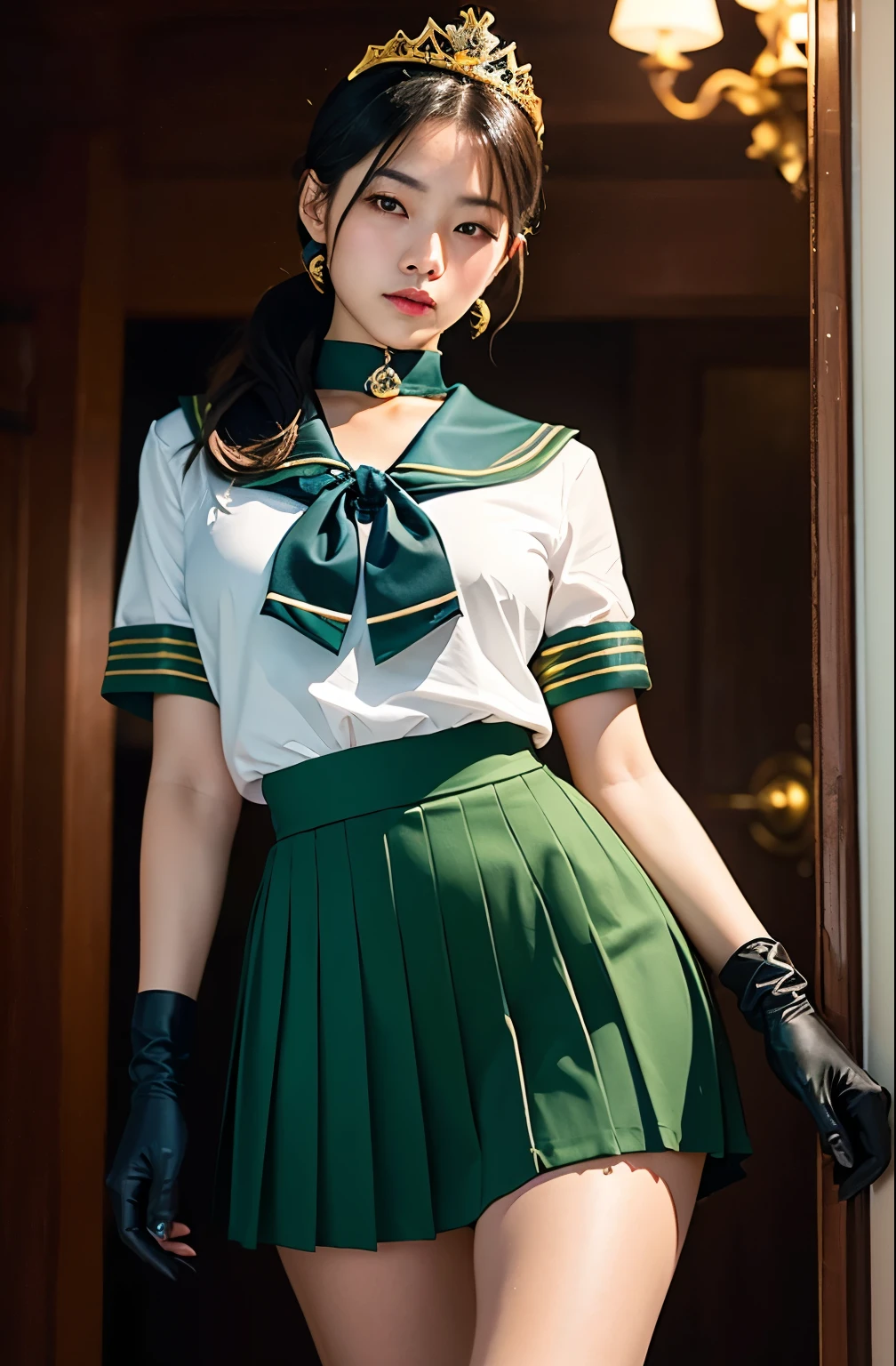 Actual Photos、masterpiece、3d、Realistic、、Ultra-microphotography、Detailed and of the highest quality、Ultra-detailed CG Unity 8k wallpaper、full:1.3、stand、From below、White pantiesを見せる、Intricate details、(1 female,housewife)、17 years oldlish、((A gorgeous golden tiara on her forehead:1.4、Metallic green pleated mini skirt:1.2、Praying Miniskirt:1.3、Huge red bow on the chest:1.2、Black gloves on elbows:1.1、big black collar、Green sailor collar、Red brooch))、(Red eyes,Setuna Myoo Hair_good, Hot Wind of the Underworld)、(Sailor 冥王星 Single Hairpan Tiara Sailor Warrior Uniforms Skirt Gloves),((シングルponytail)),Luxurious gold decoration, Incredibly long dark green hair:1.2、Shiny beautifull straight long dark green hair,:1.2、Sailor Pluto's Uniform, (Sailor Warrior Uniforms、Exposing the upper arm:1.2、Sleeveless,Luxurious gold decorationが施された長い白いラテックス手袋:1.3、Very large pink ribbon on the back of the waist,:1.1、Green choker、 The cleavage is sexy and boldly large.、gold ring earrings,Shiny black long knee-high boots with luxurious gold embellishments)、(Ultra-thin, glossy white holographic leather for a snug fit:1.3,Bold sexy slender white high leg gravette swimsuit)、staff, Holding_staff, Key chain accessories at waist,((Preparing for battle))、Has a giant key wand, ((Dark Skin:1.2,Captivating smile、Very cute face、Facial details:1.5、bright Red eyes、A beautifull face、beautidfull eyes、Shining Eyes、Thin lips:1.3、Thin, sharp, pale eyebrows,、Long and thick eyelashes、Double eyelashes))、Gorgeous giant white winged muscle:1.2、 Small and perfectly proportioned、Big breasts and small waist、Big Ass,Sexy model posing、毛穴が目stand、Perfect hands:1.l imYear quality、Realistic、Beautiful woman、Beautiful thighs、Beautiful Face、real imYear、Federal Army Uniform Miniskirt、ponytail、Yuriko Yoshitaka、16Year日本人女性、Zuo々Ki Nozomi:1.4、pretty girl、Pink Pantiesが見える、16Year、(White panties:1.3)、Ultra mini skirt、Beautiful thighs、Pink Panties、赤いミニスカートがめくれてPink Pantiesが見えてる