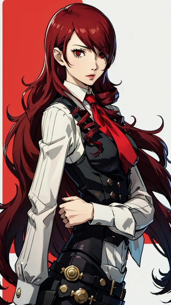 1 female, medium breast, Mitsuru kirijo, face portrait,black waistcoat, suit, tie, red eyes, long hair, hair over one eye , hair over one eye