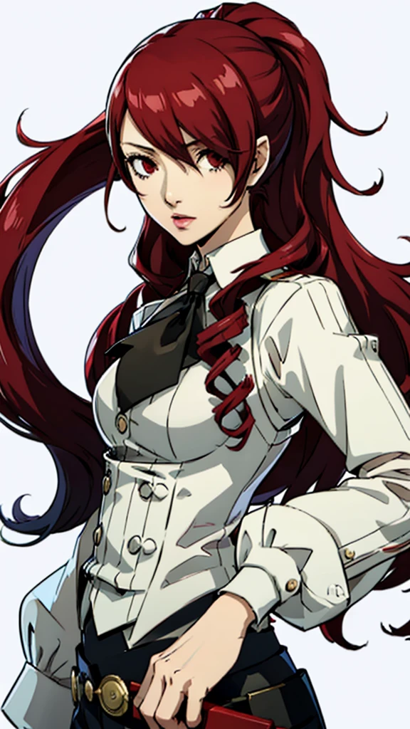 1 female, medium breast, Mitsuru kirijo, face portrait,black waistcoat, suit, tie, red eyes, long hair, hair over one eye , hair over one eye