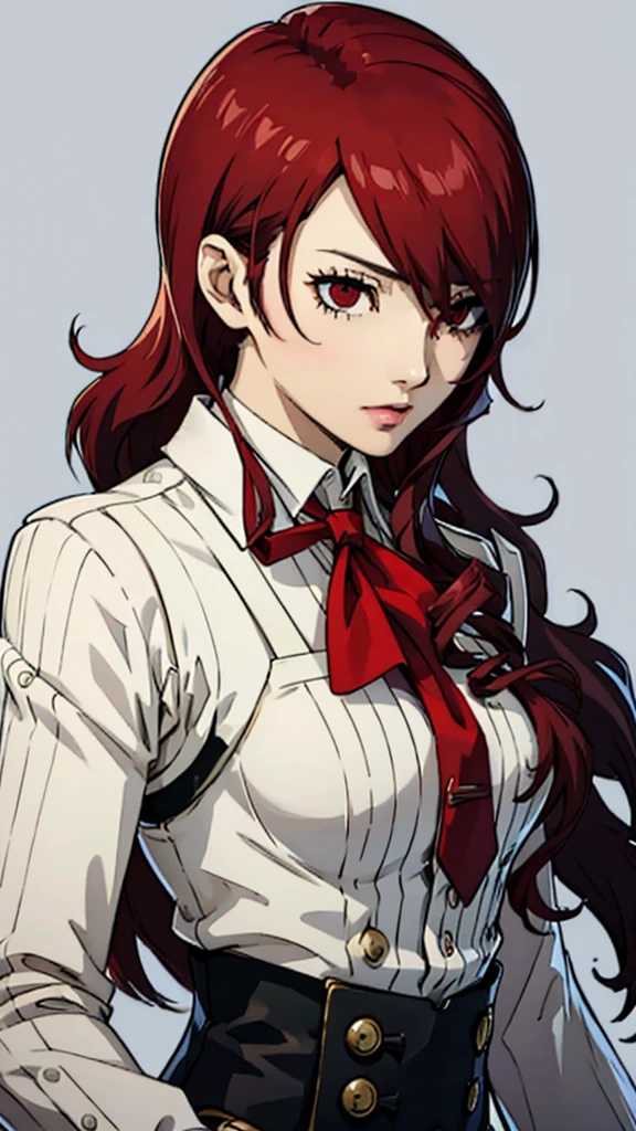 1 female, medium breast, Mitsuru kirijo, face portrait,black waistcoat, suit, tie, red eyes, long hair, hair over one eye , hair over one eye