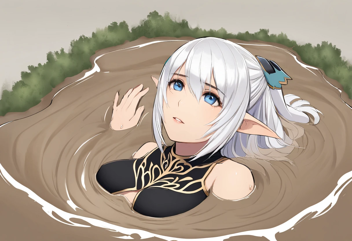 semi-realistic, 1girl, portrait Altina, elf, elven ears, silver hair, blue eyes, hair clips, bare shoulders, black collared capelet, sinking, quicksand, pool of mud, forest with marsh covered by think fog background