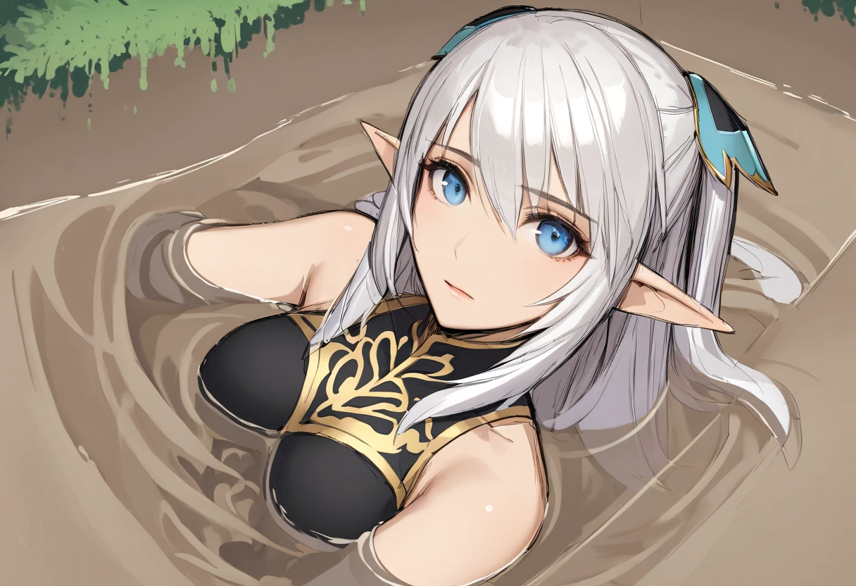 semi-realistic, 1girl, portrait Altina, elf, elven ears, silver hair, blue eyes, hair clips, bare shoulders, black collared capelet, sinking, quicksand, pool of mud, forest with marsh covered by think fog background