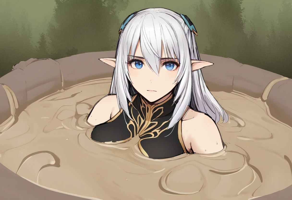 semi-realistic, 1girl, portrait Altina, elf, elven ears, silver hair, blue eyes, hair clips, bare shoulders, black collared capelet, sinking, quicksand, pool of mud, forest with marsh covered by think fog background