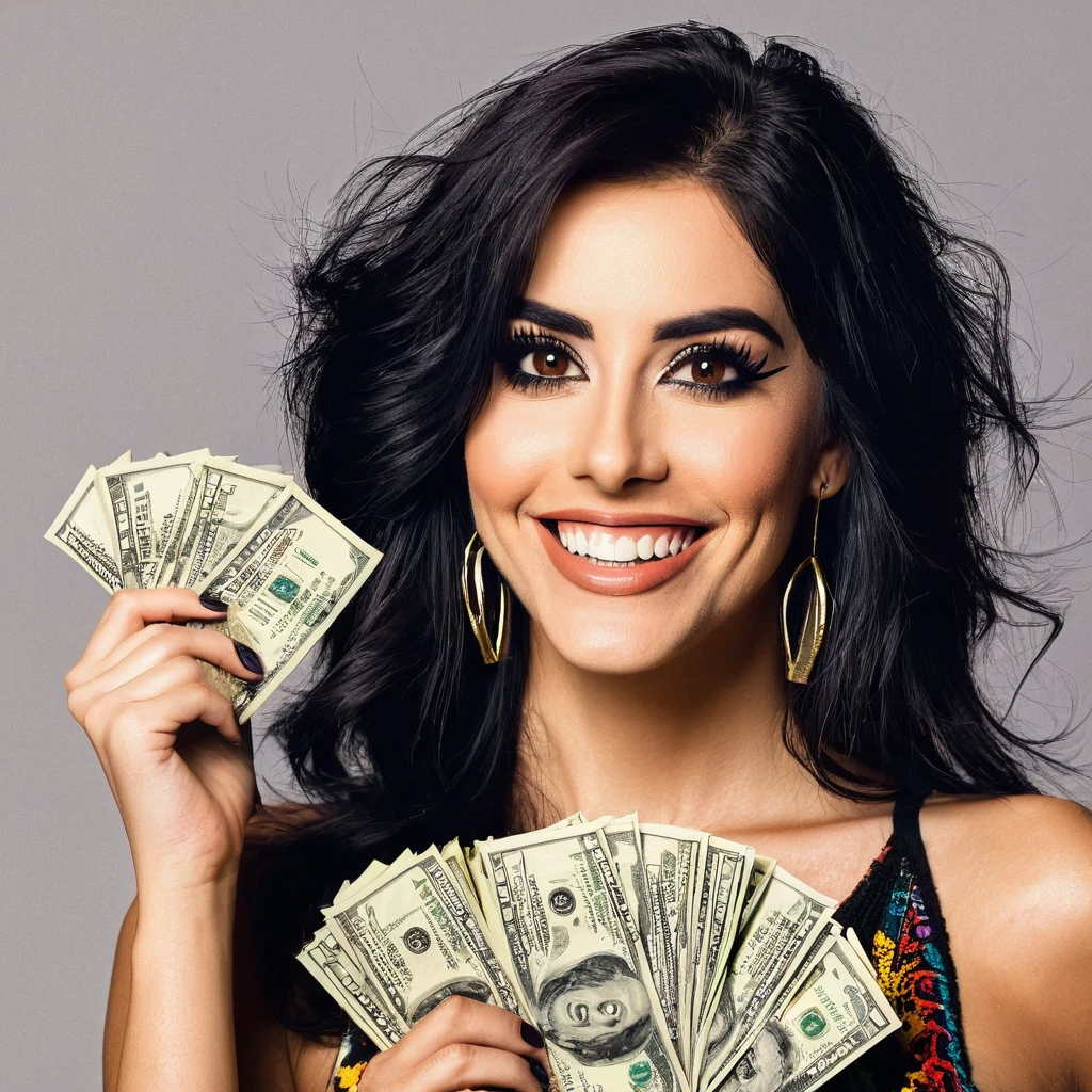 bearded woman beautiful shaggy beard, black hair, brown eyes, eyeliner, proud smile, seductive look, hold a load of dollar bills