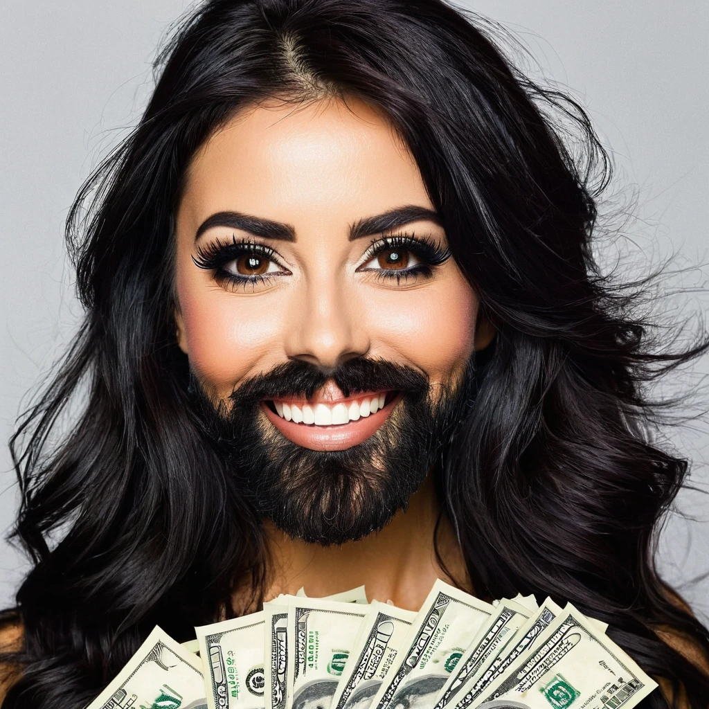 bearded woman beautiful shaggy beard, black hair, brown eyes, eyeliner, proud smile, seductive look, hold a load of dollar bills