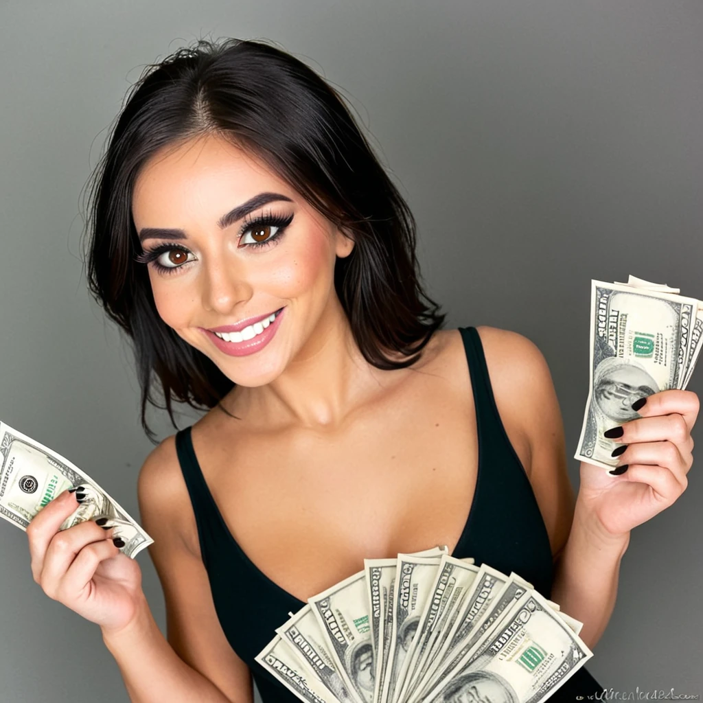 
bearded woman beautiful shaggy beard, black hair, brown eyes, eyeliner, proud smile, seductive look, hold a load of dollar bills