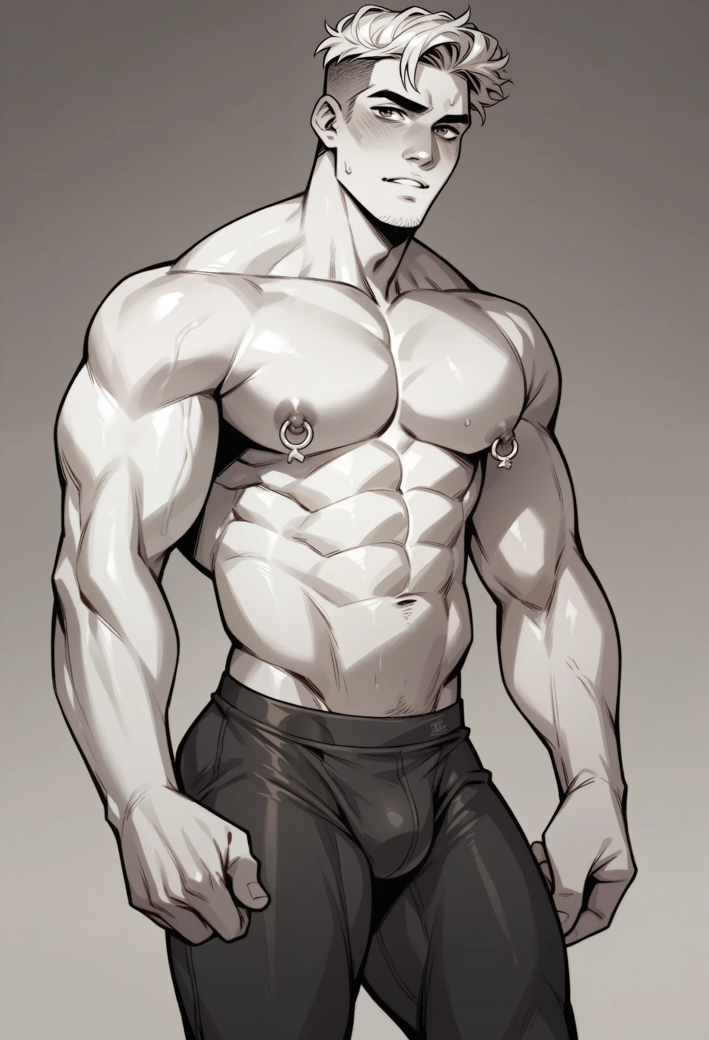 Male athlete,White skin big ,handsome guy,Wearing tight transparent,Sunny and lively,Youthful feeling,Wearing nipple rings,Knead the nipples