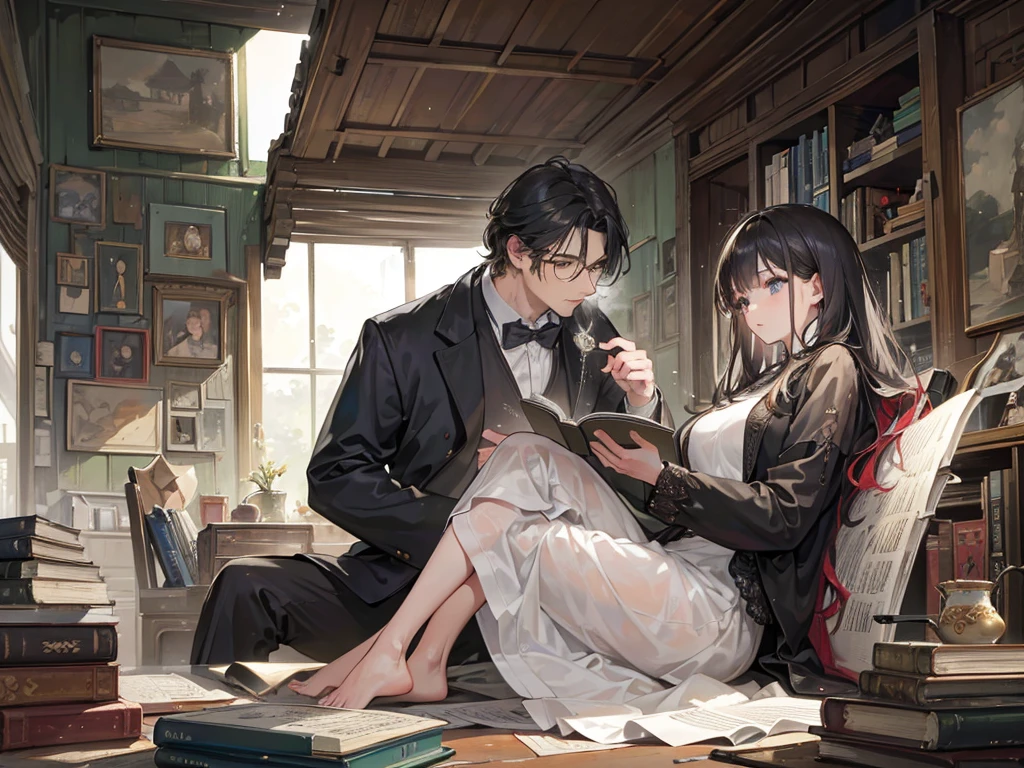 ((realism)), extremely high quality RAW photograph, Detailed background, complicated, messy hair, Beautiful details and textures, Highly detailed, A woman is sitting and reading an old book, and (a man is walking away from her)