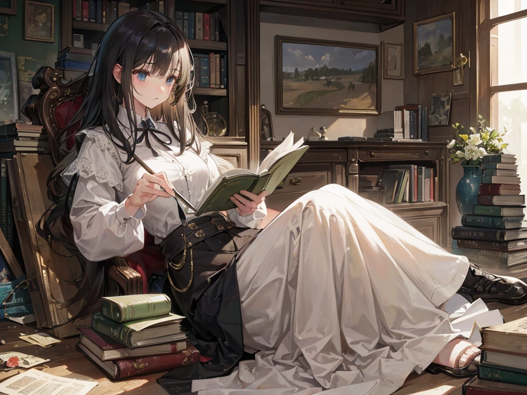 ((realism)), extremely high quality RAW photograph, Detailed background, complicated, messy hair, Beautiful details and textures, Highly detailed, A woman is sitting and reading an old book, and (a man is walking away from her)