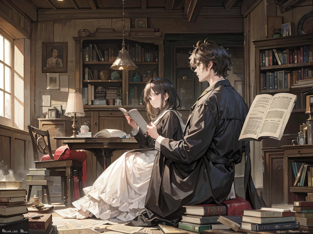 ((realism)), extremely high quality RAW photograph, Detailed background, complicated, messy hair, Beautiful details and textures, Highly detailed, A woman is sitting and reading an old book, and (a man is walking away from her)