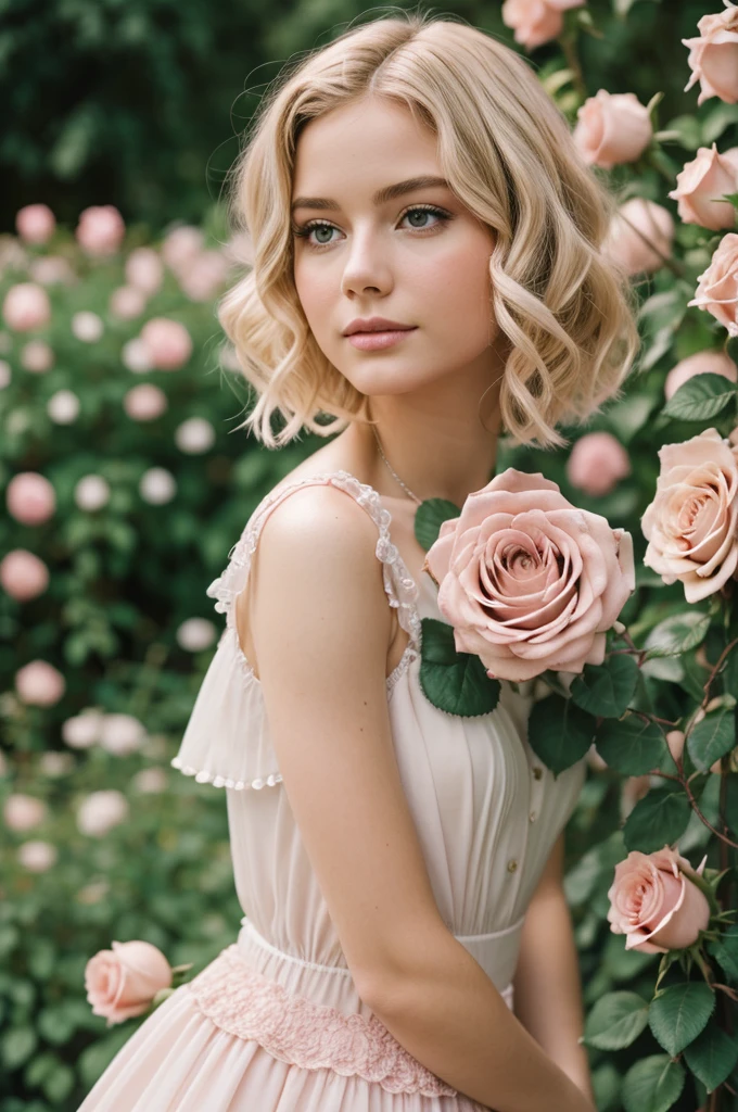 8K, RAW-Foto, Fujifilm, Style photo of a beautiful young woman as Avril in a garden with light pink roses (highly detailed skin: 1.2) Style-Petal BREAK short hair, blonde hair with colored curls, wearing a dress, Film granulation, 35mm, cute style