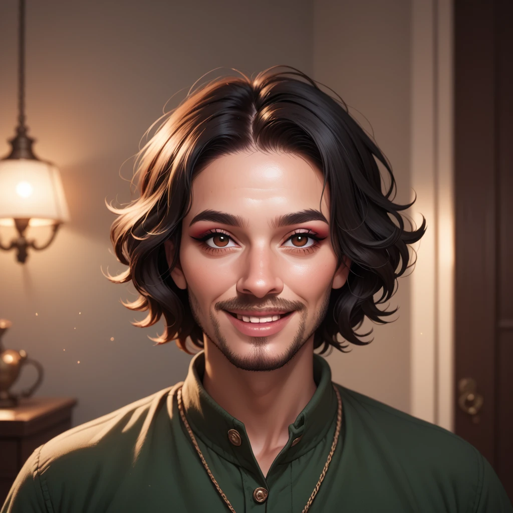 
bearded woman beautiful shaggy beard, black hair, brown eyes, eyeliner, proud smile, seductive look, hold a load of dollar bills
