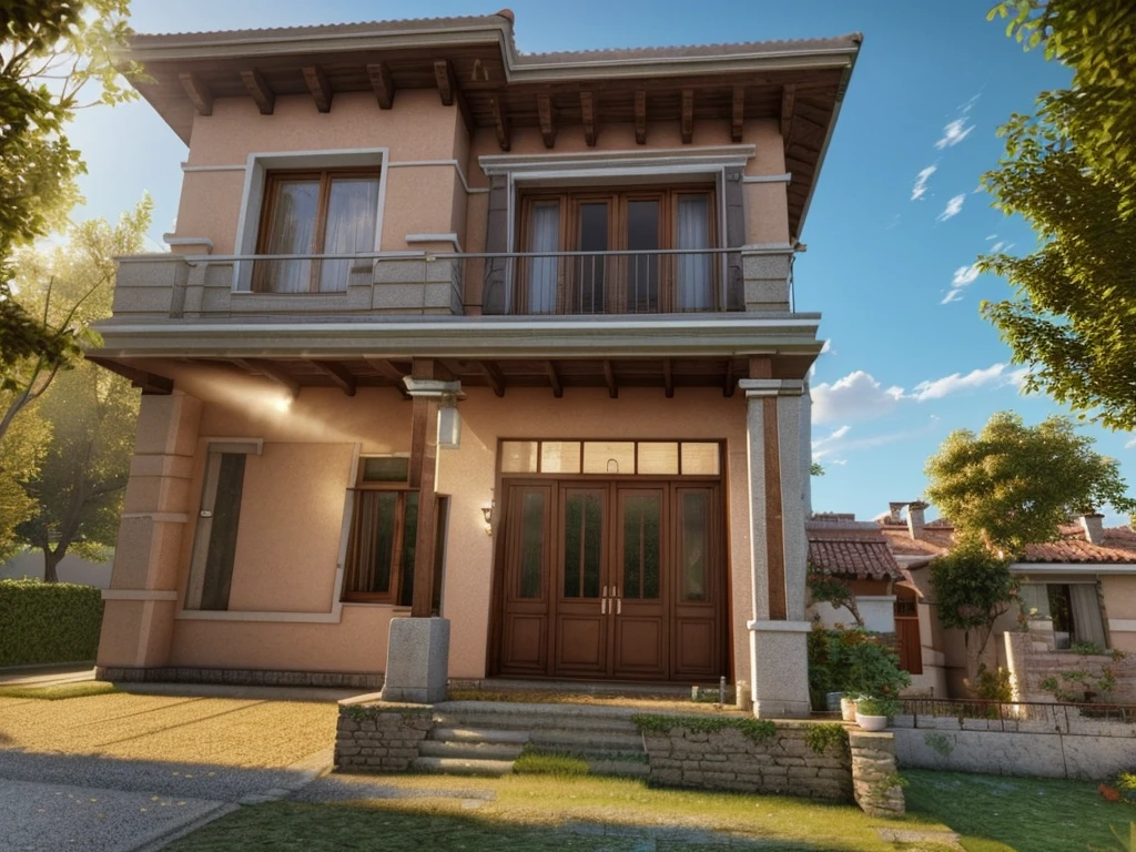 (Villa en ville ,close houses and trees), gradient_toit , tile_toit ,day light ( best quality) ((High solution)) ,(( photo realistic)) ,warm light,  Soft lighting, Ambiance chaleureuse,high resolution, super detailed,4K ,rendu vray, rendering of&#39;octane, hyper realistic, expert en photographie ,exterior design , photographie professionnelle, outdoor photography,prise de vue grand angle , Ultra detailed , high resolution , full frame, Tout le corps