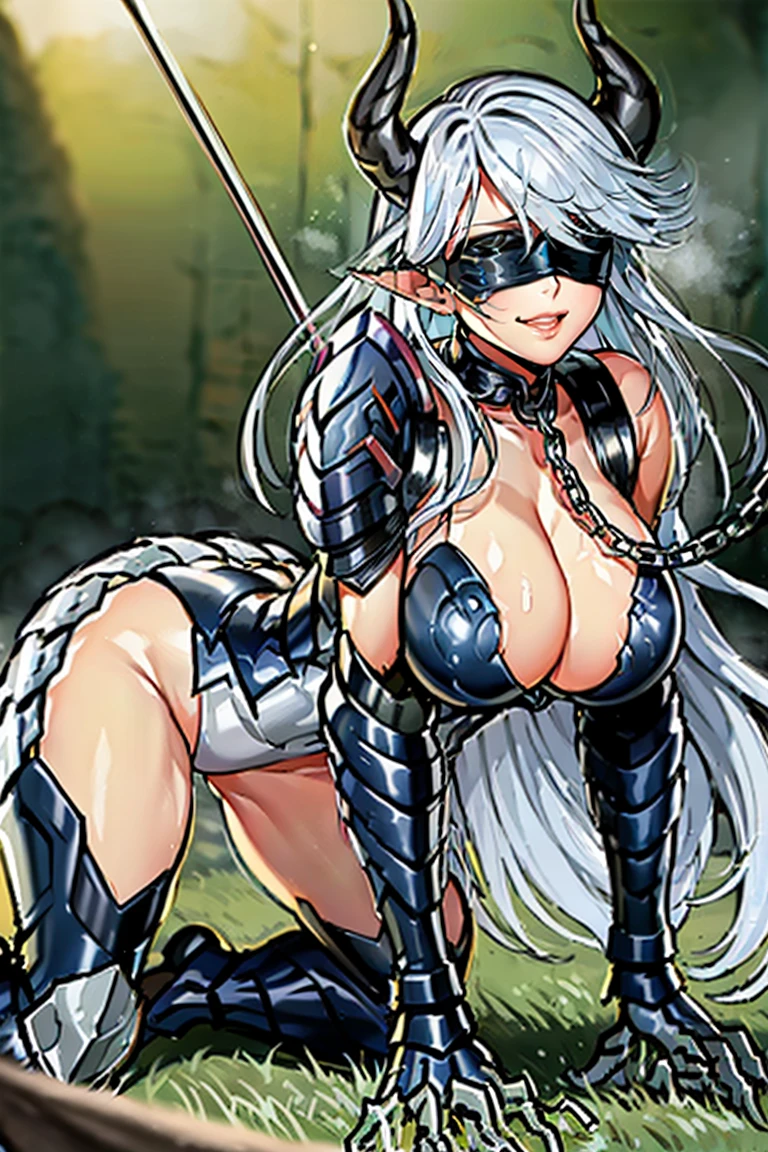 armor, leotard, (((shoulder armors))), cleavage cutout, leotard, breastplate, gauntlet, thig high boots, detachable collar, large breasts, cleavage, long hair, white, (((((blindfold))))), beautiful, horn on side head, masterpiece, masterwork, super fine illustration, ultra detailed, cg unity 8k wallpaper, perfect eyes, ultra detailed beautiful face, smile, (((((one chain leash, on all fours, hands on the ground, animal collar, animal collar connected chain leash, viewer holding chain leash))))), full face blush, long tongue, stick out tongue, open mouth, sexual ecstasy smile, smile broadly, fucked silly vulgarity, gleaming skin, oil skin, shiny skin, wet skin, seductive smile, tongue out, p, put out tongue, dare ass, 1giel, solo, perfect proportion, perfect anatomy, perfect body, perfect arms, 