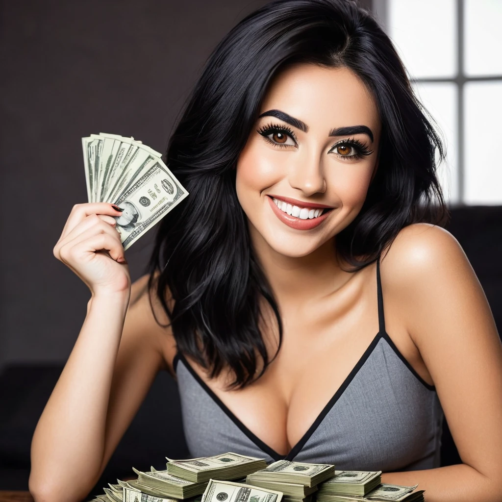 bearded woman beautiful shaggy beard, black hair, brown eyes, eyeliner, proud smile, seductive look, hold a load of dollar bills