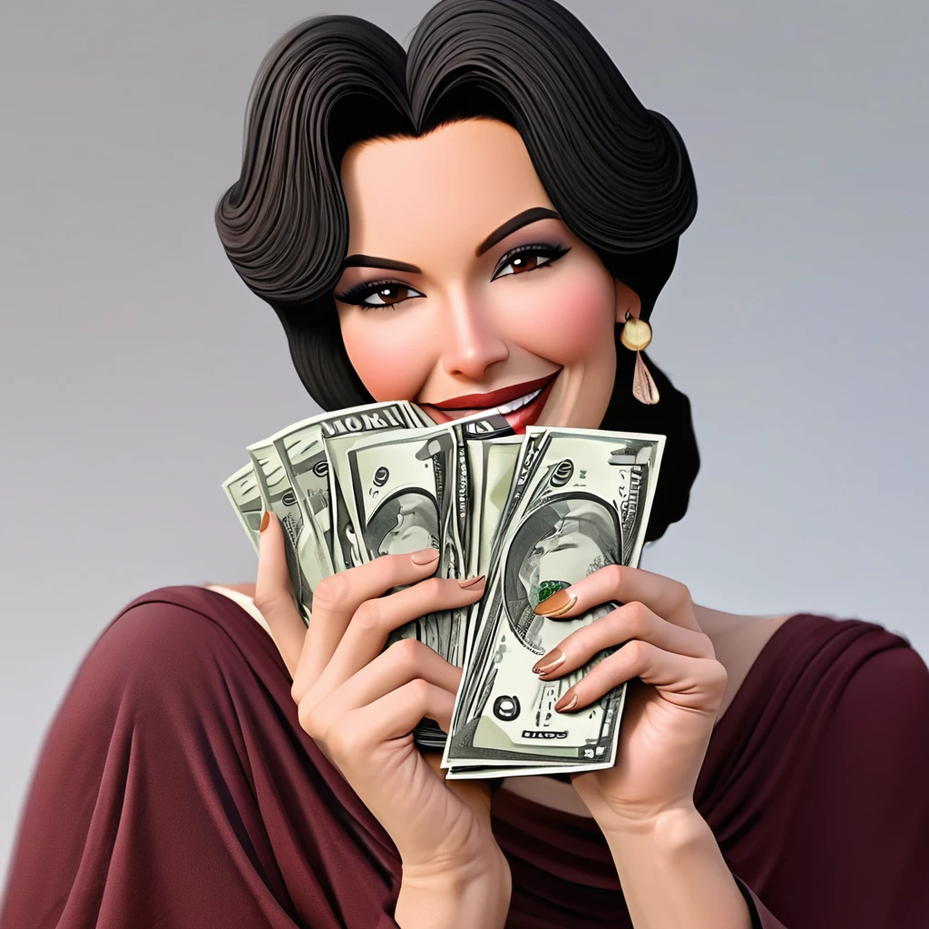 
bearded woman beautiful shaggy beard, black hair, brown eyes, eyeliner, proud smile, seductive look, hold a load of dollar bills
