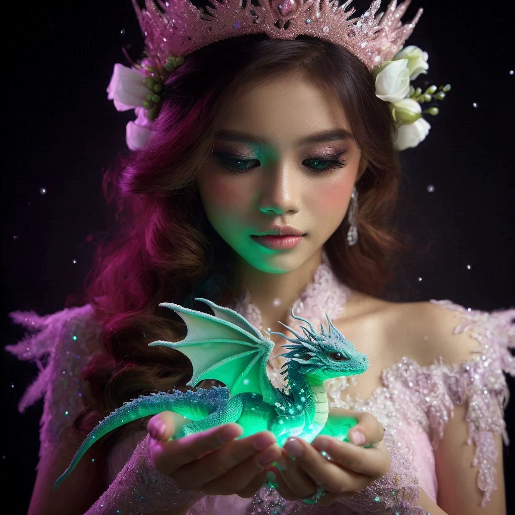 photography. a beautiful Indonesian woman, pink crown.  holding a cute little snow dragon in their hands, Newly hatched dragons glow in green, with a glow around it, soft and delicate draconic features, Dark background. with the overall blue purple pink color forming a beautiful color