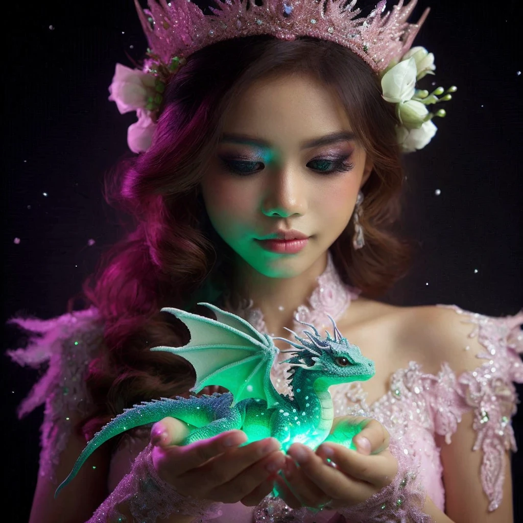 photography. a beautiful Indonesian woman, pink crown.  holding a cute little snow dragon in their hands, Newly hatched dragons glow in green, with a glow around it, soft and delicate draconic features, Dark background. with the overall blue purple pink color forming a beautiful color