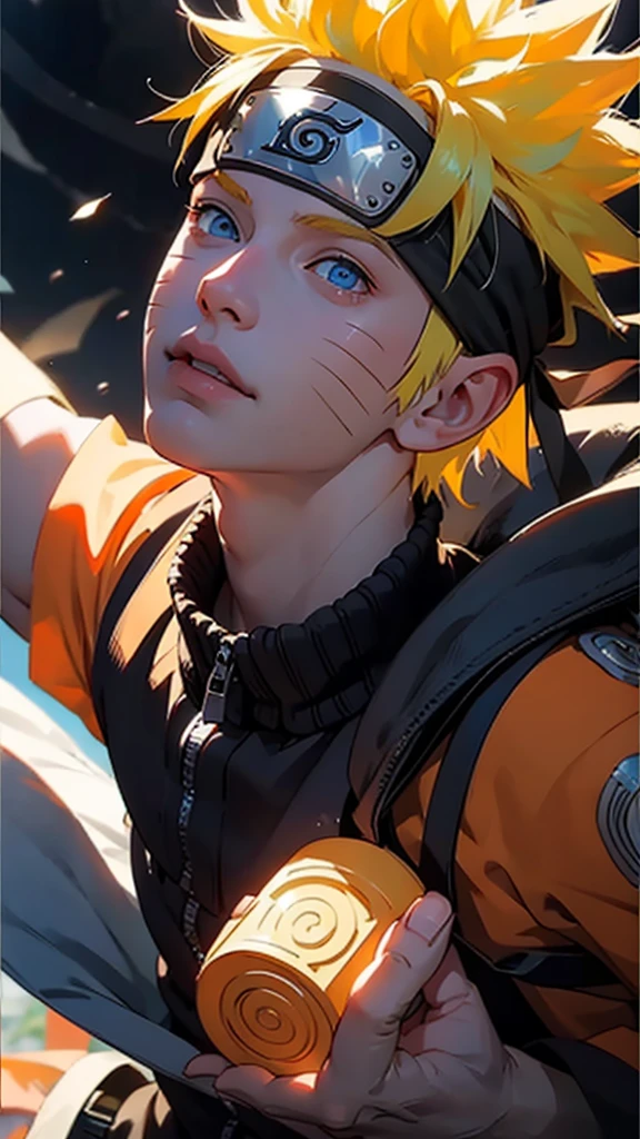 full body of naruto uzumaki,masterpiece, best quality, full detailed, 1boy, handsome,male,looking at viewer, naruto, Detailed blue eye,yellow hair,konoha realistic detail leaf headband,eye realistic,nose realistic,mouth realistic,skin realistic,face realistic,head realistic,body realistic, background art cinematic,backpack,big eye sharp, photorealistic, photoshoot, only three line in face