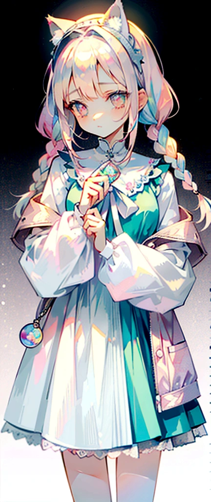 (Full body:1) of a young girl, spiky lashes, half pastel pink eye half pastel blue eye, half braided hair, light pastel blue hair with a tip of light pastel pink in the end, white fur puffy cat headband, many hairclip, light pastel blue gradient with light pastel pink collar, soft lighting, soft picture, light pastel blue tanktop, light pastel pink puffy jacket, with light pastel blue pacifier, holding white cat plushie with bow, wear bow, light pastel pink cat tattoo on collar Bone, wear ring, many detail, many many pastel cute accessories, HD, perfect body